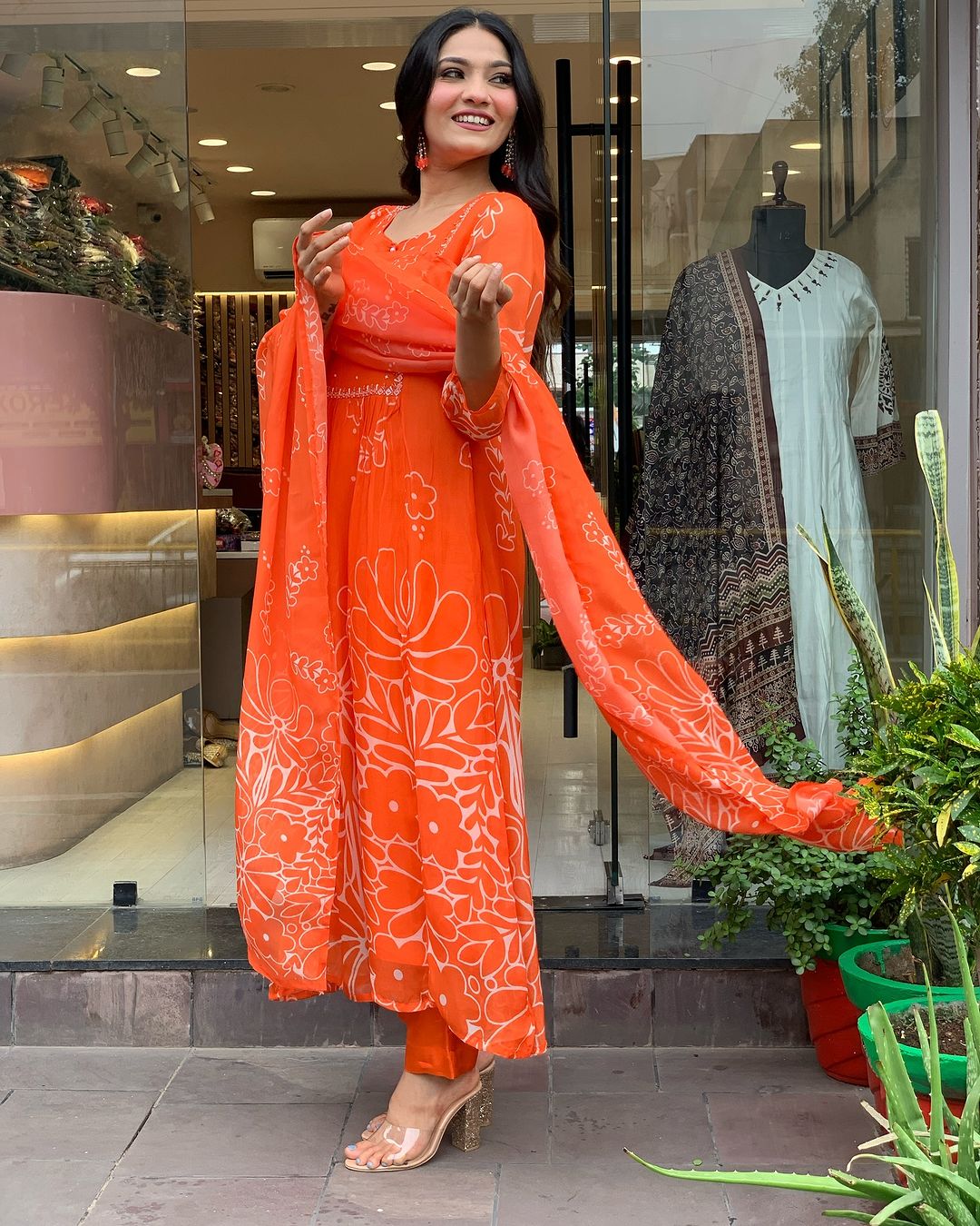 Beautiful Orange Faux Georgette Fabric Kurtis Pant Set