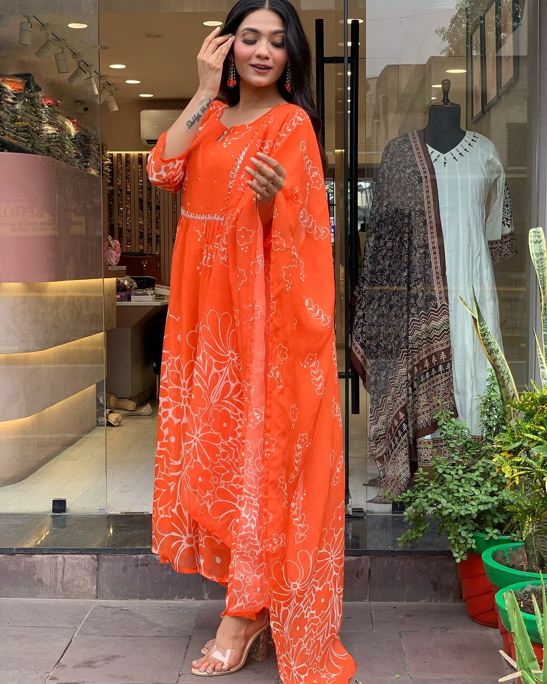 Beautiful Orange Faux Georgette Fabric Kurtis Pant Set