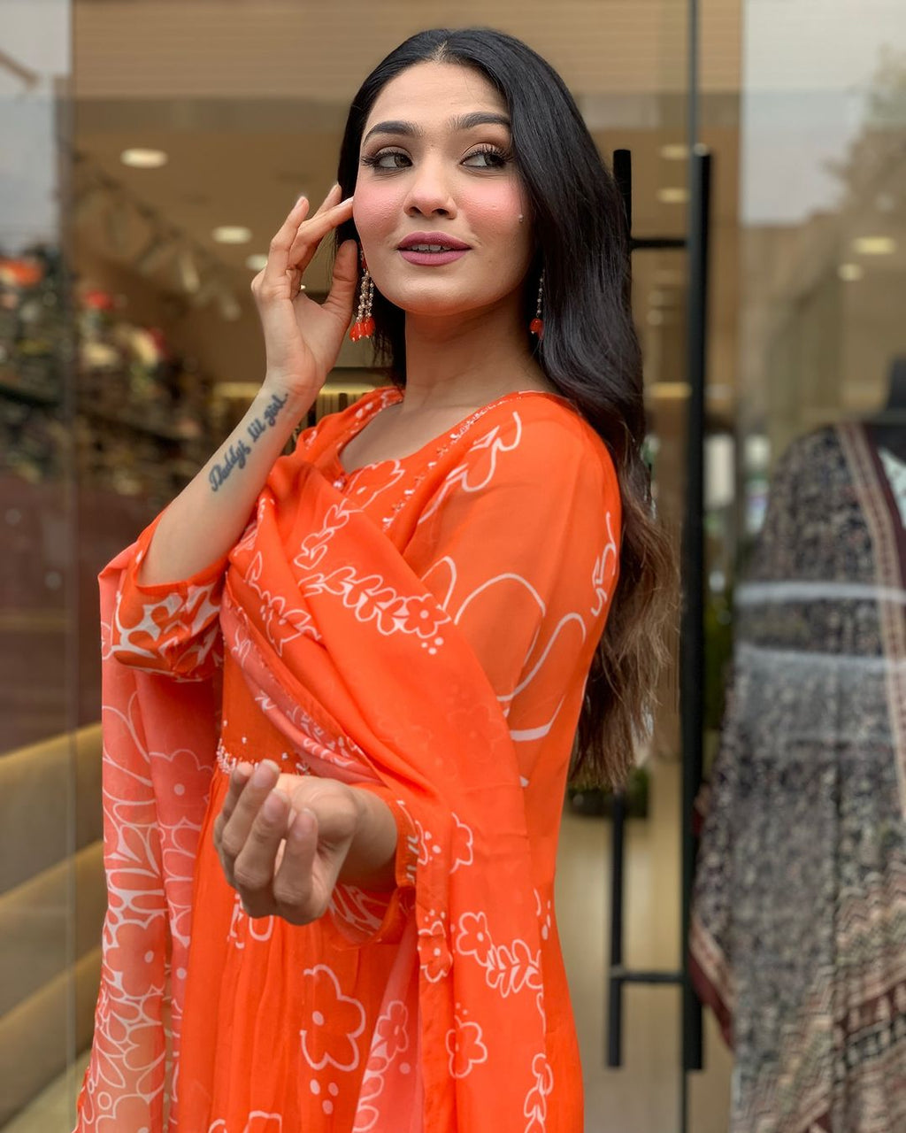Beautiful Orange Faux Georgette Fabric Kurtis Pant Set