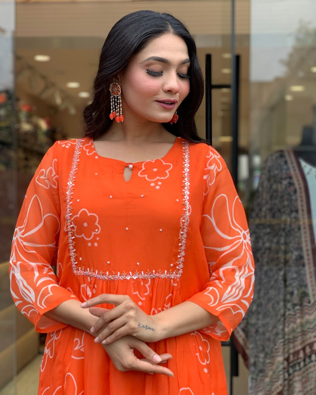 Beautiful Orange Faux Georgette Fabric Kurtis Pant Set