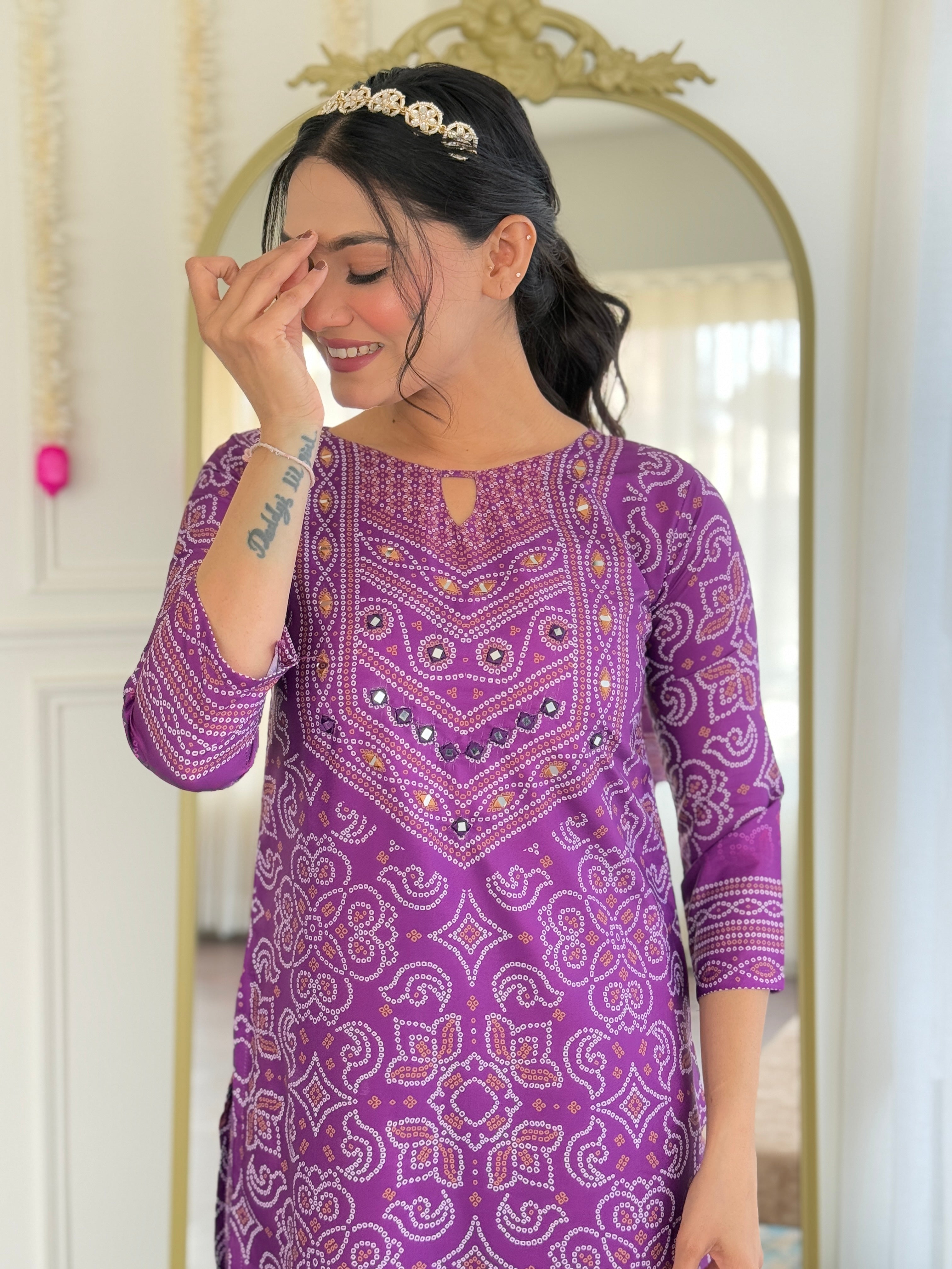 Beautiful Purple Franch Crepe Fabric Kurtis Pant Set