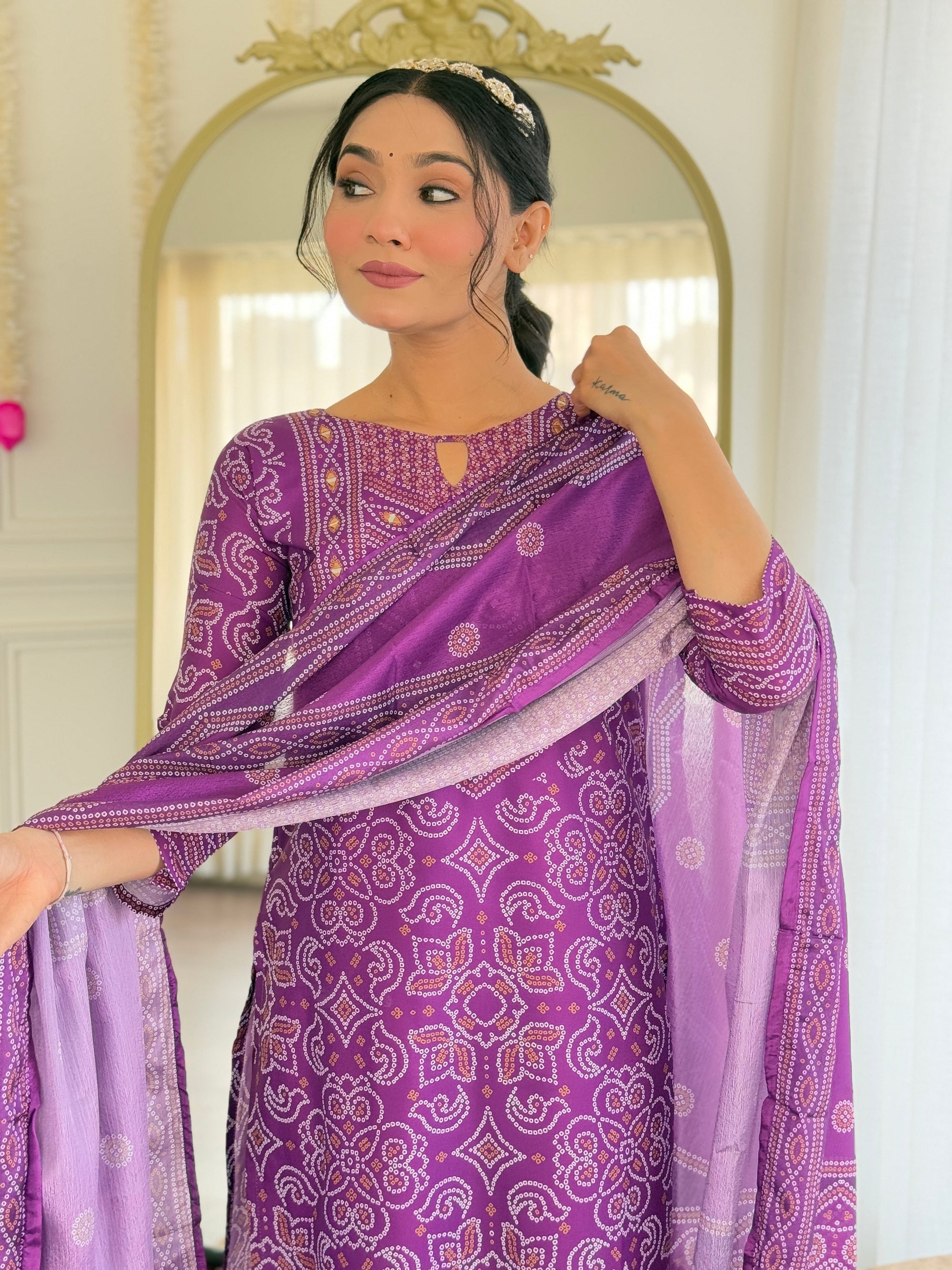 Beautiful Purple Franch Crepe Fabric Kurtis Pant Set