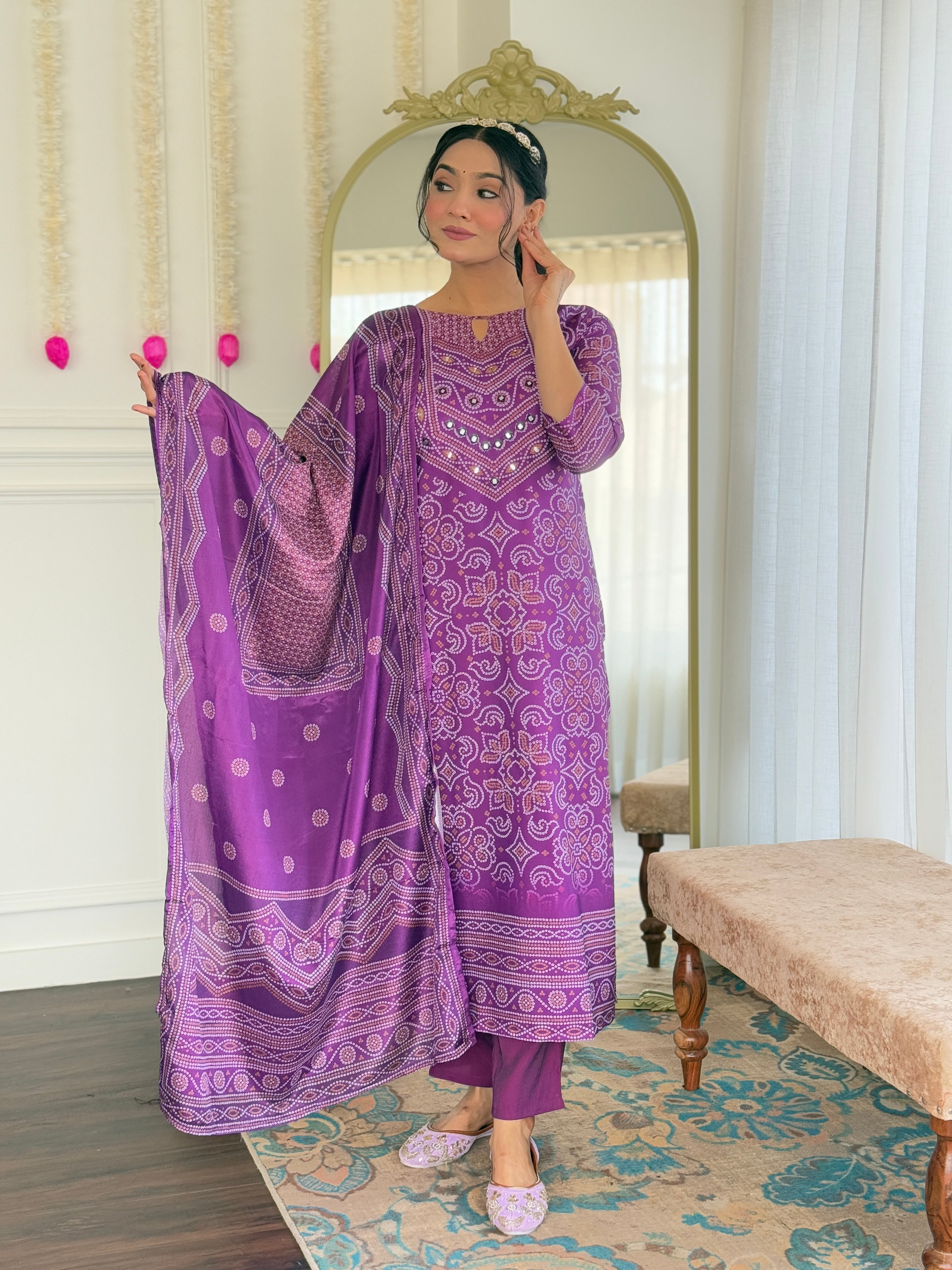 Beautiful Purple Franch Crepe Fabric Kurtis Pant Set