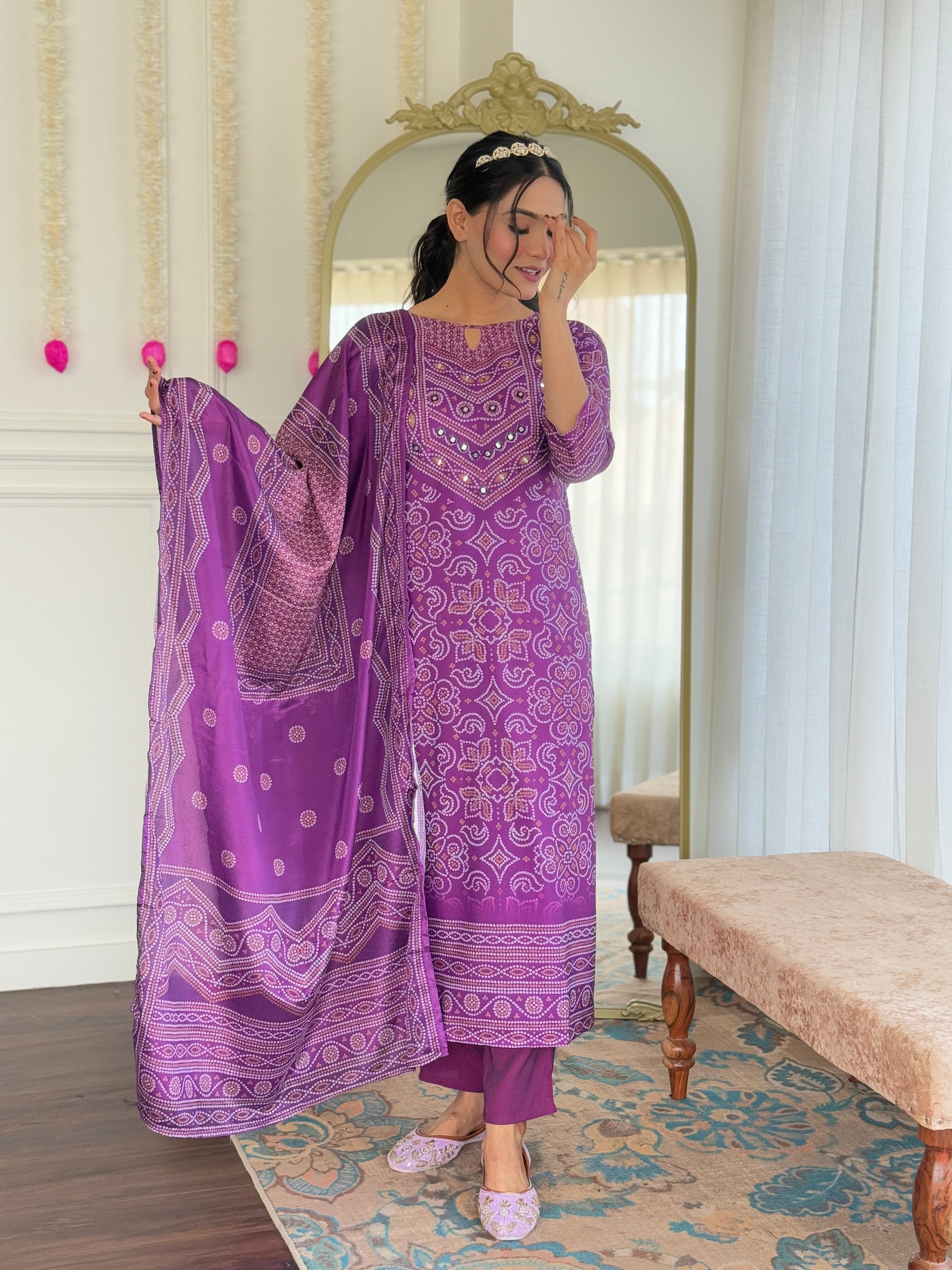Beautiful Purple Franch Crepe Fabric Kurtis Pant Set