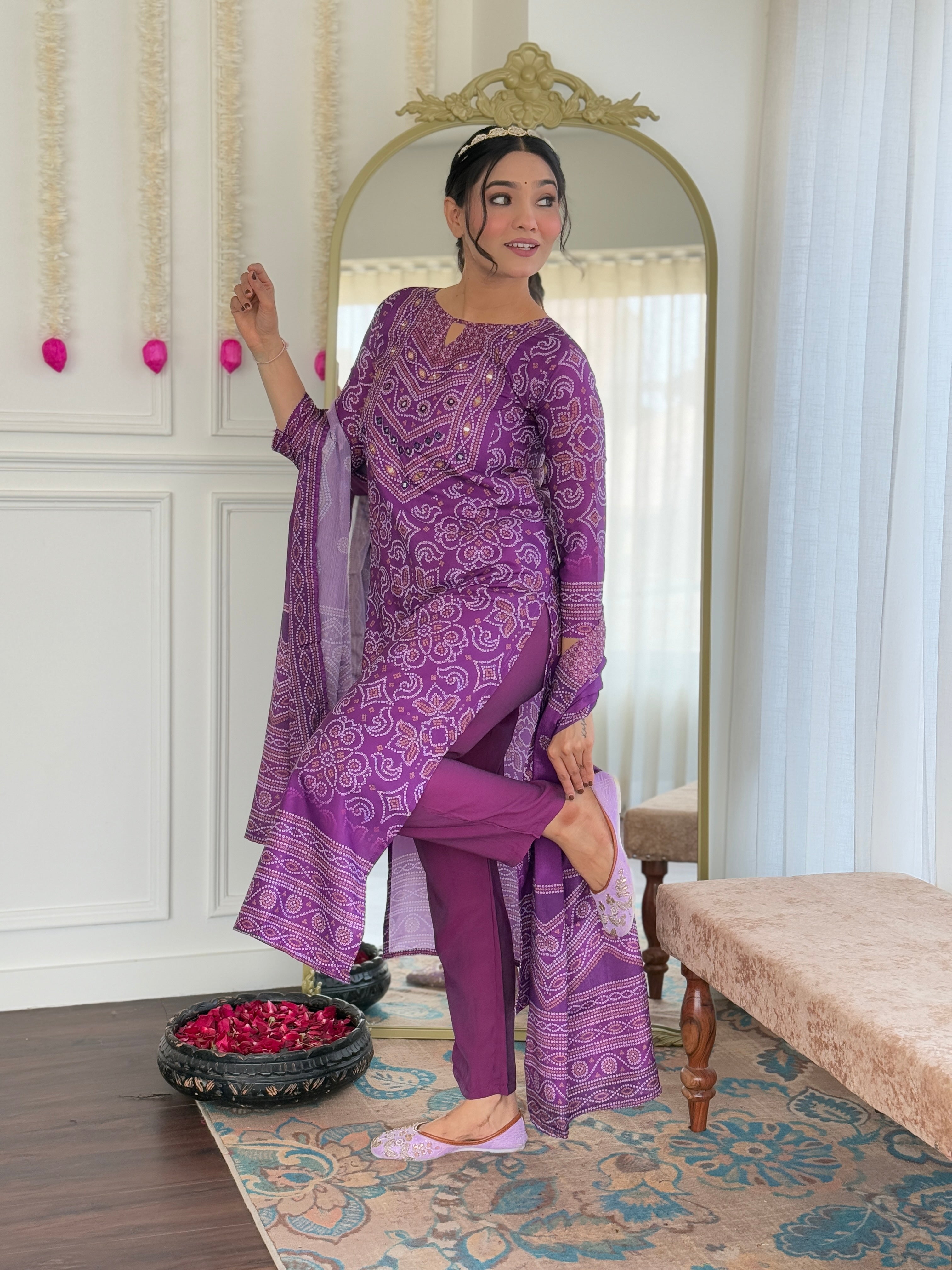 Beautiful Purple Franch Crepe Fabric Kurtis Pant Set