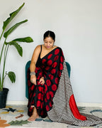 Red Ajrakh Primum Modal Silk Saree With Blouse
