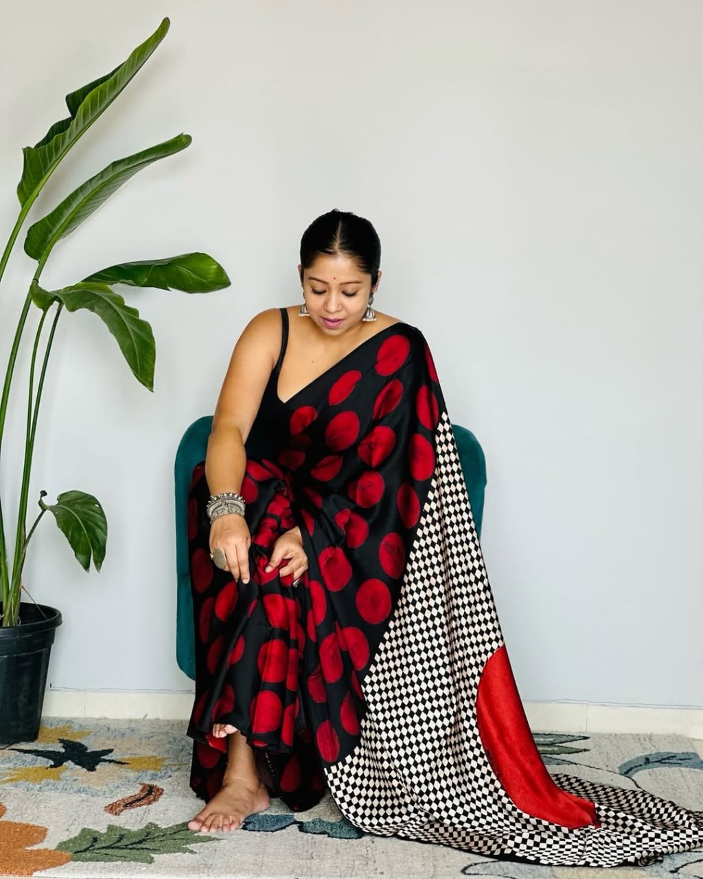 Red Ajrakh Primum Modal Silk Saree With Blouse