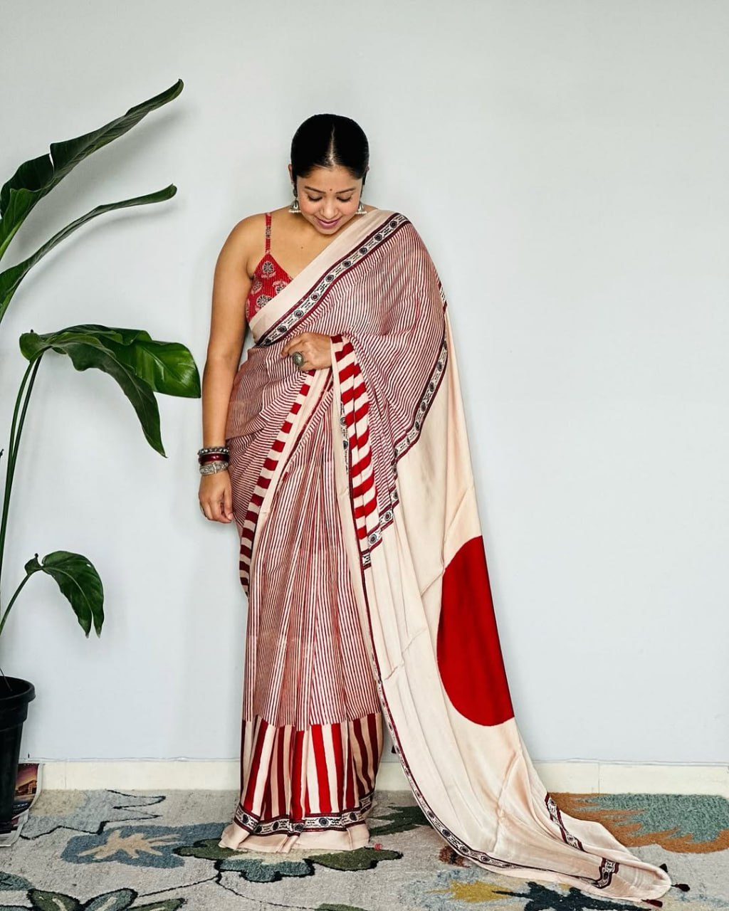 Red Cream Ajrakh Primum Modal Silk Saree With Blouse