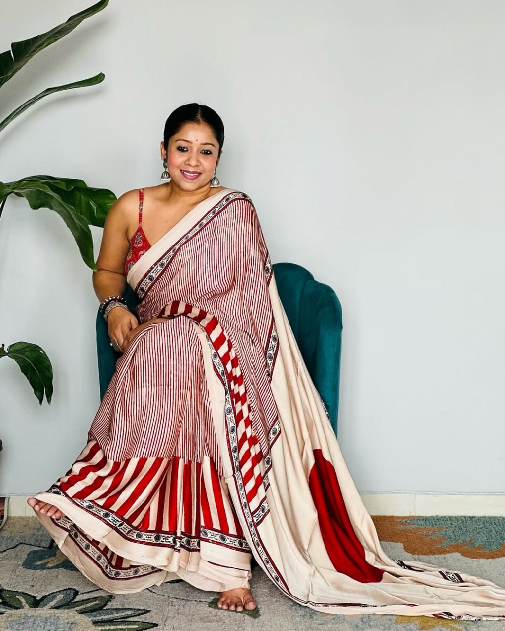 Red Cream Ajrakh Primum Modal Silk Saree With Blouse