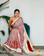 Red Cream Ajrakh Primum Modal Silk Saree With Blouse