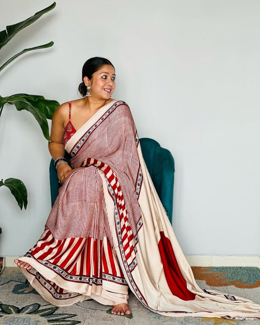 Red Cream Ajrakh Primum Modal Silk Saree With Blouse