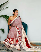 Red Cream Ajrakh Primum Modal Silk Saree With Blouse