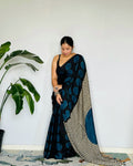 Blue Black Line Ajrakh Primum Modal Silk Saree With Blouse