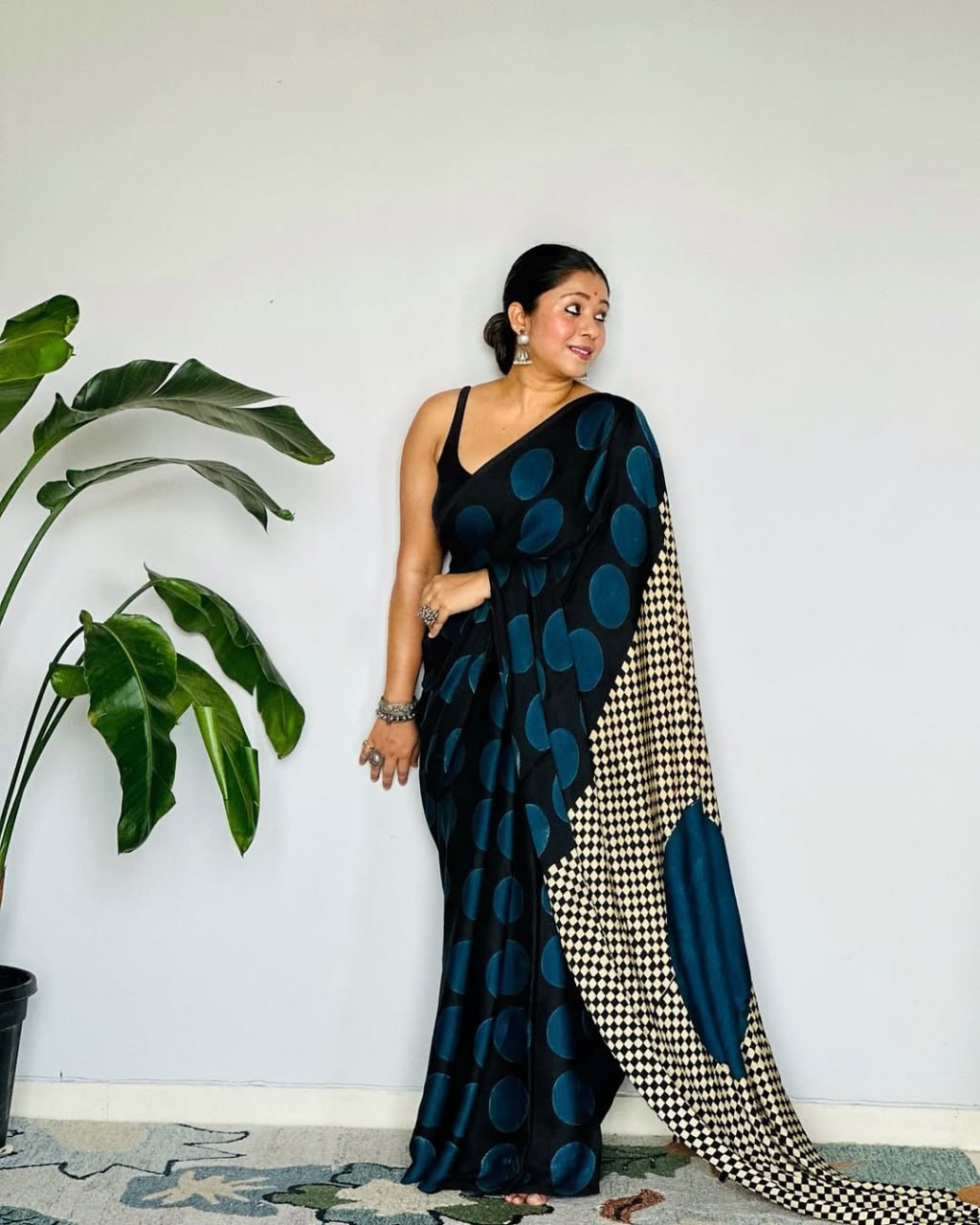 Blue Black Line Ajrakh Primum Modal Silk Saree With Blouse