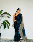 Blue Black Line Ajrakh Primum Modal Silk Saree With Blouse