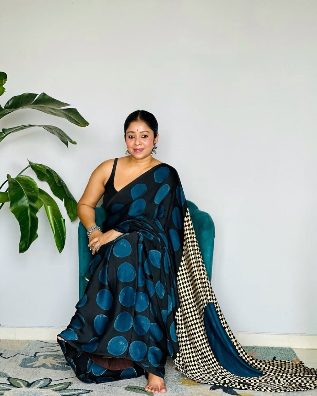Blue Black Line Ajrakh Primum Modal Silk Saree With Blouse