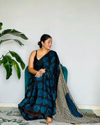Blue Black Line Ajrakh Primum Modal Silk Saree With Blouse