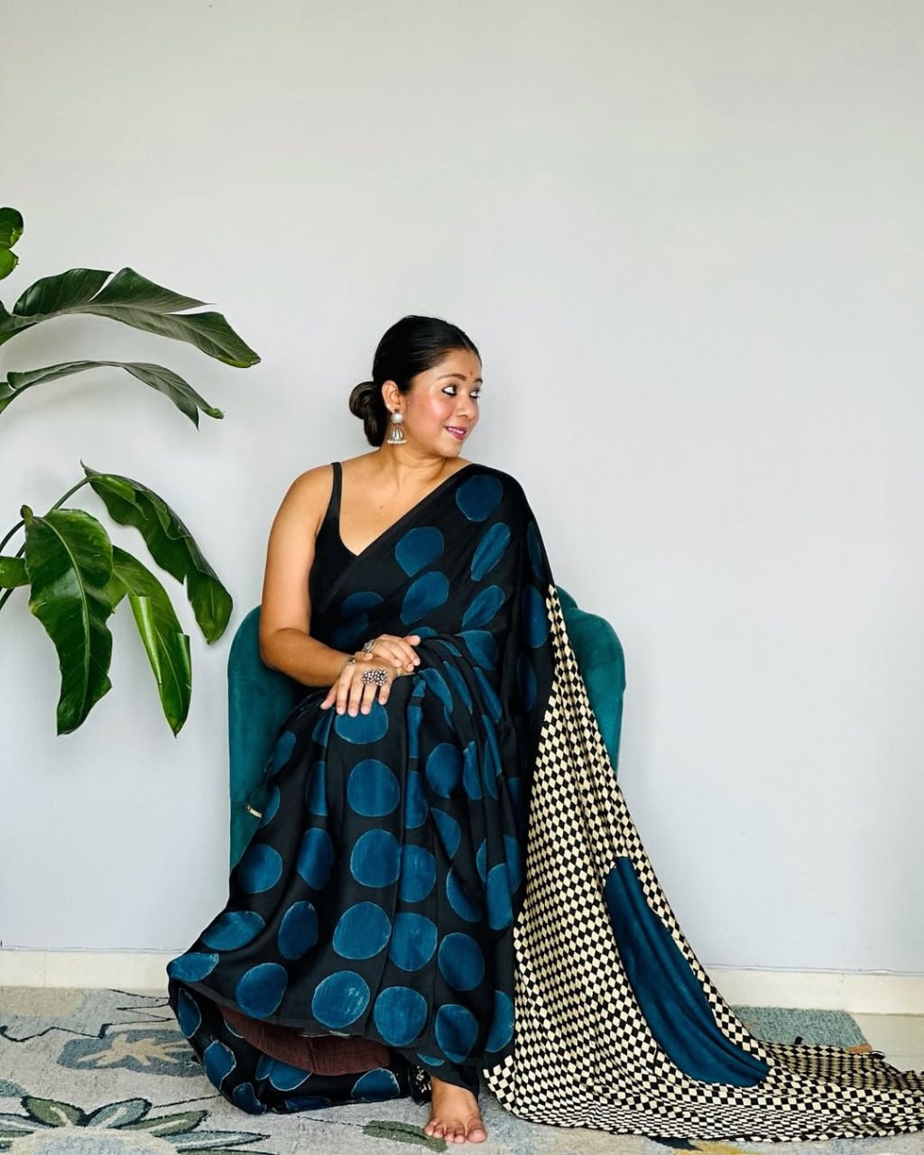 Blue Black Line Ajrakh Primum Modal Silk Saree With Blouse