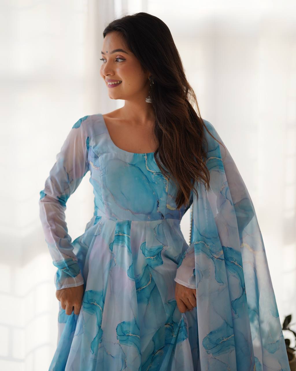 Sky Blue Heavy Pure Soft Organza Silk Marble Print Salwar Suit