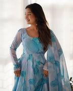 Sky Blue Heavy Pure Soft Organza Silk Marble Print Salwar Suit