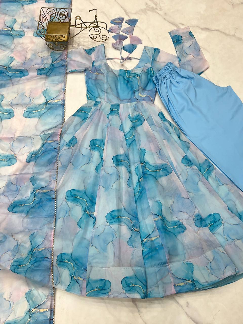 Sky Blue Heavy Pure Soft Organza Silk Marble Print Salwar Suit