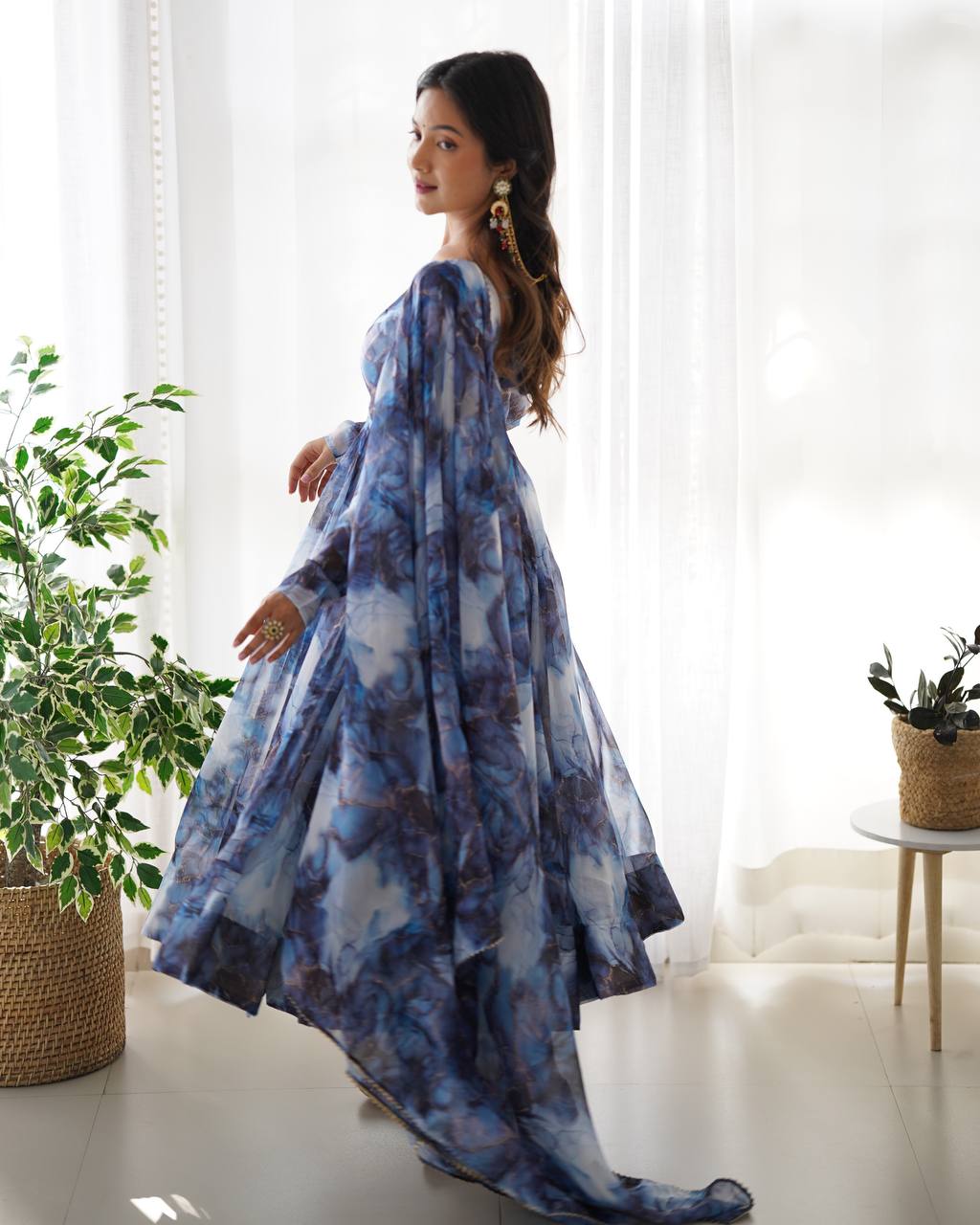 Navy Blue Heavy Pure Soft Organza Silk Marble Print Salwar Suit