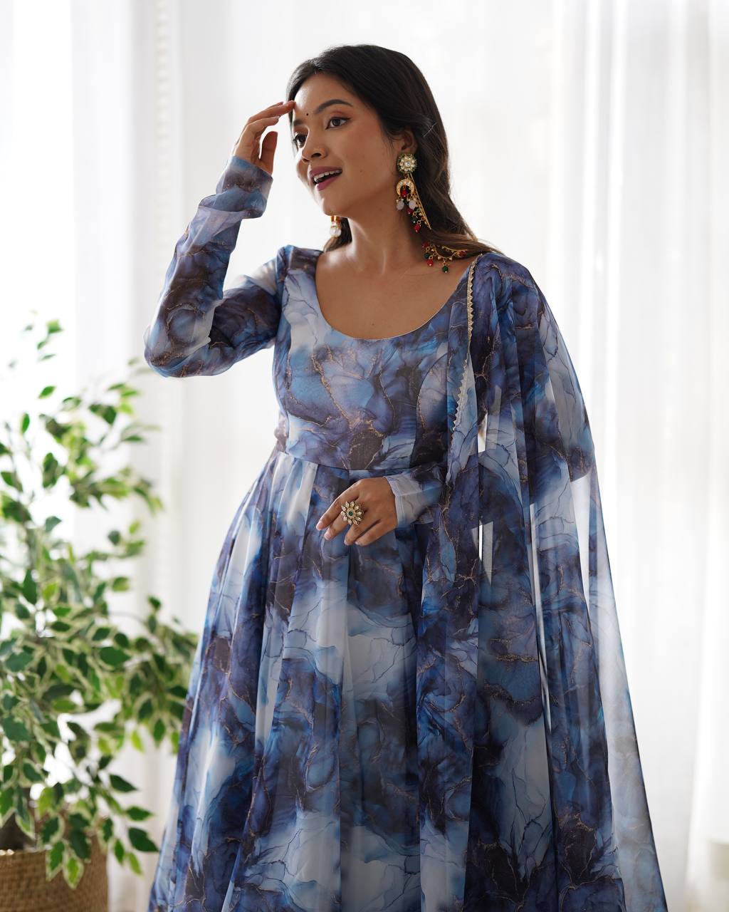 Navy Blue Heavy Pure Soft Organza Silk Marble Print Salwar Suit