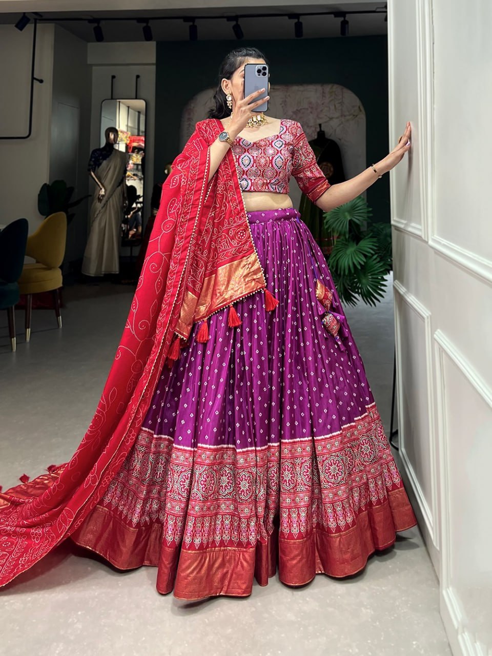 Tussar Silk Chaniya Choli Fancy Mill Print With Real Mirror Work for Traditional Wear