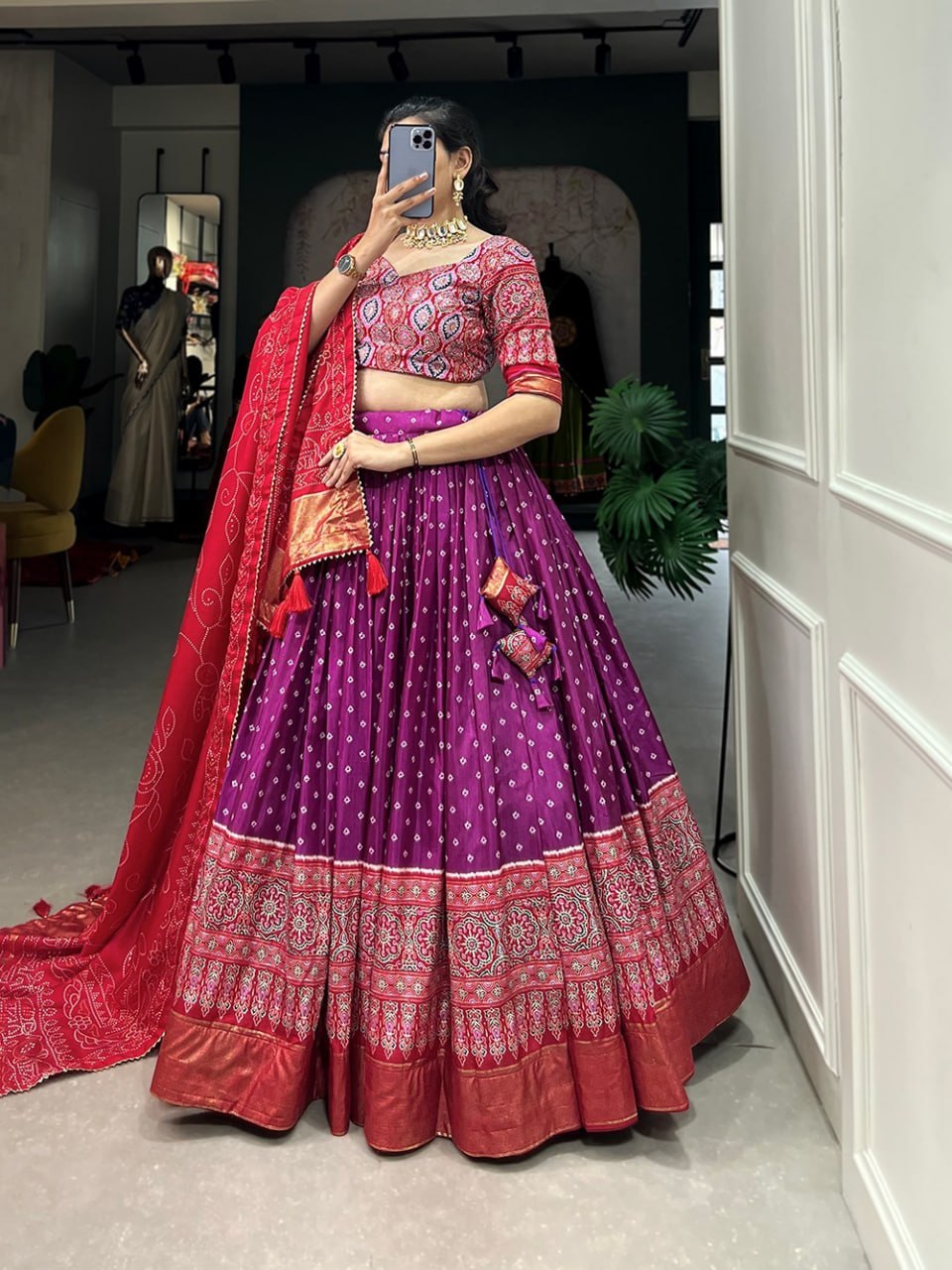 Tussar Silk Chaniya Choli Fancy Mill Print With Real Mirror Work for Traditional Wear