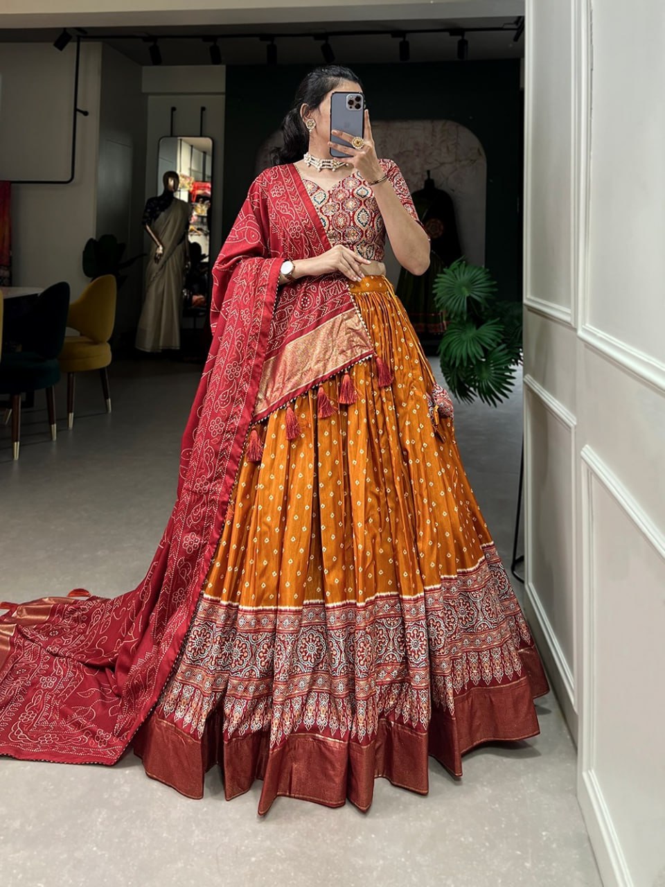 Tussar Silk Chaniya Choli Fancy Mill Print With Real Mirror Work for Traditional Wear