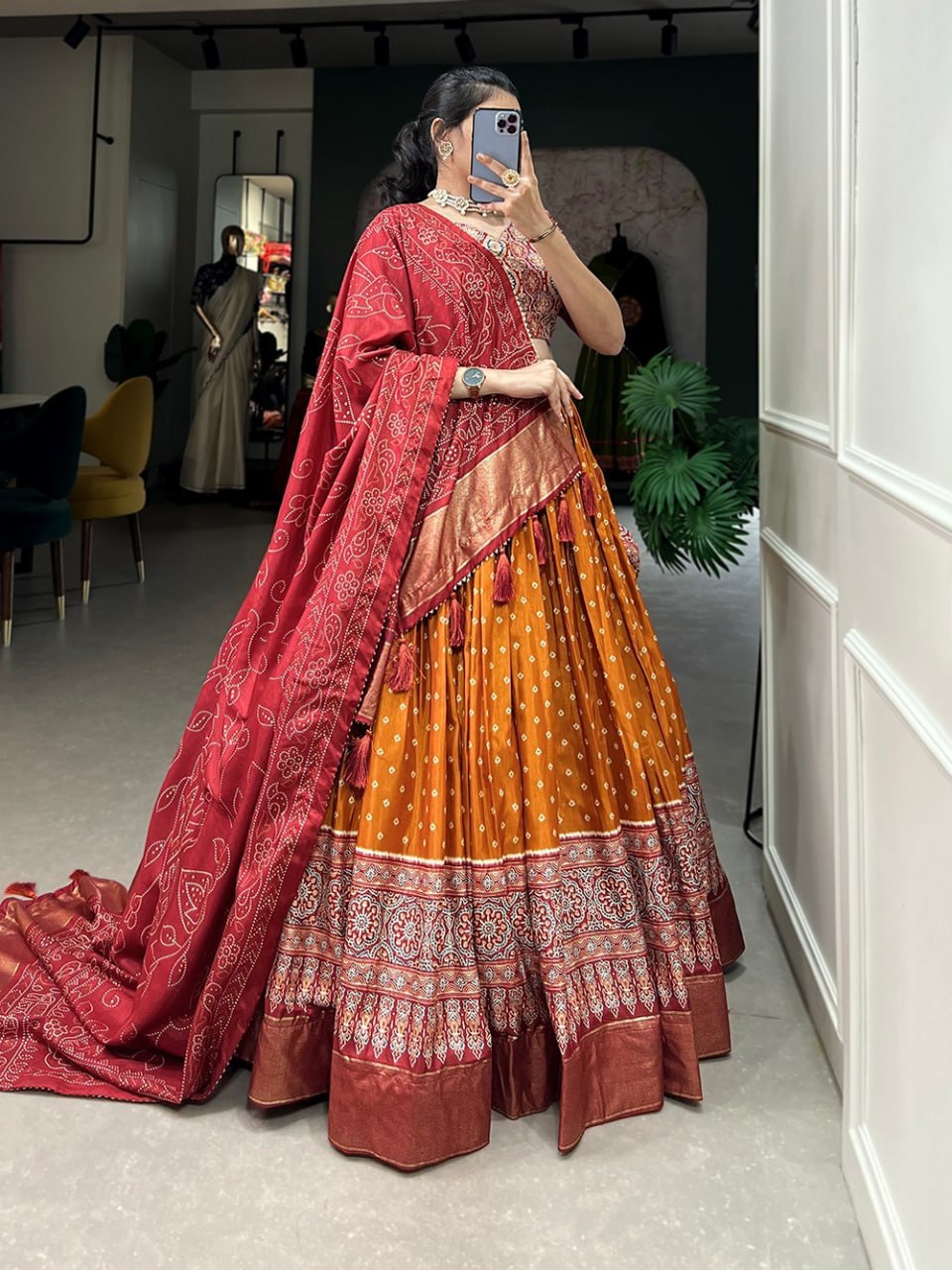 Tussar Silk Chaniya Choli Fancy Mill Print With Real Mirror Work for Traditional Wear
