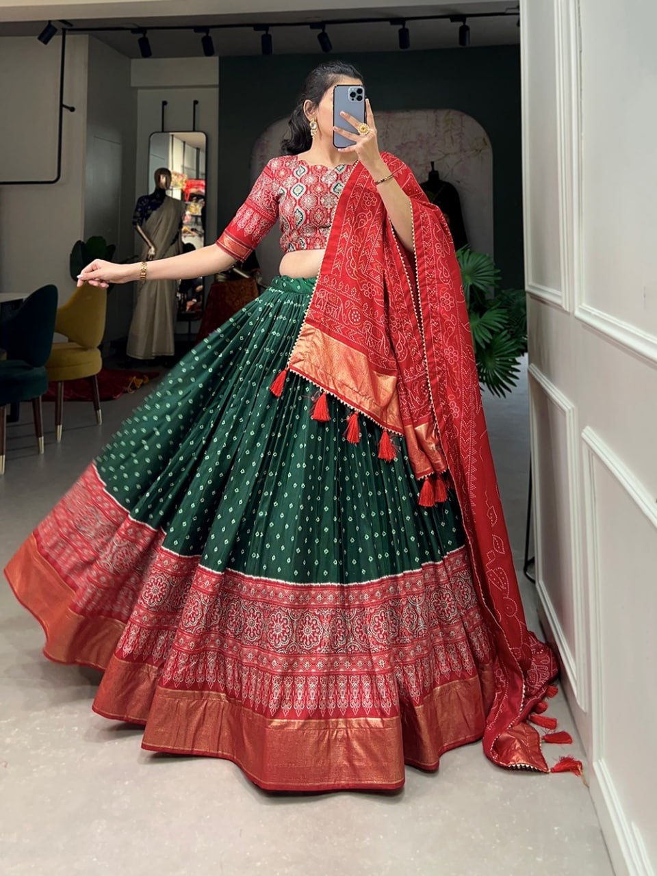 Tussar Silk Chaniya Choli Fancy Mill Print With Real Mirror Work for Traditional Wear