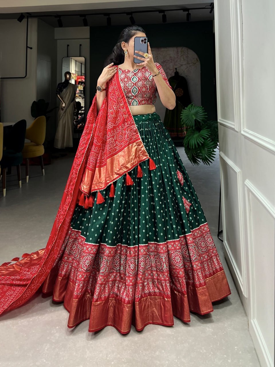 Tussar Silk Chaniya Choli Fancy Mill Print With Real Mirror Work for Traditional Wear