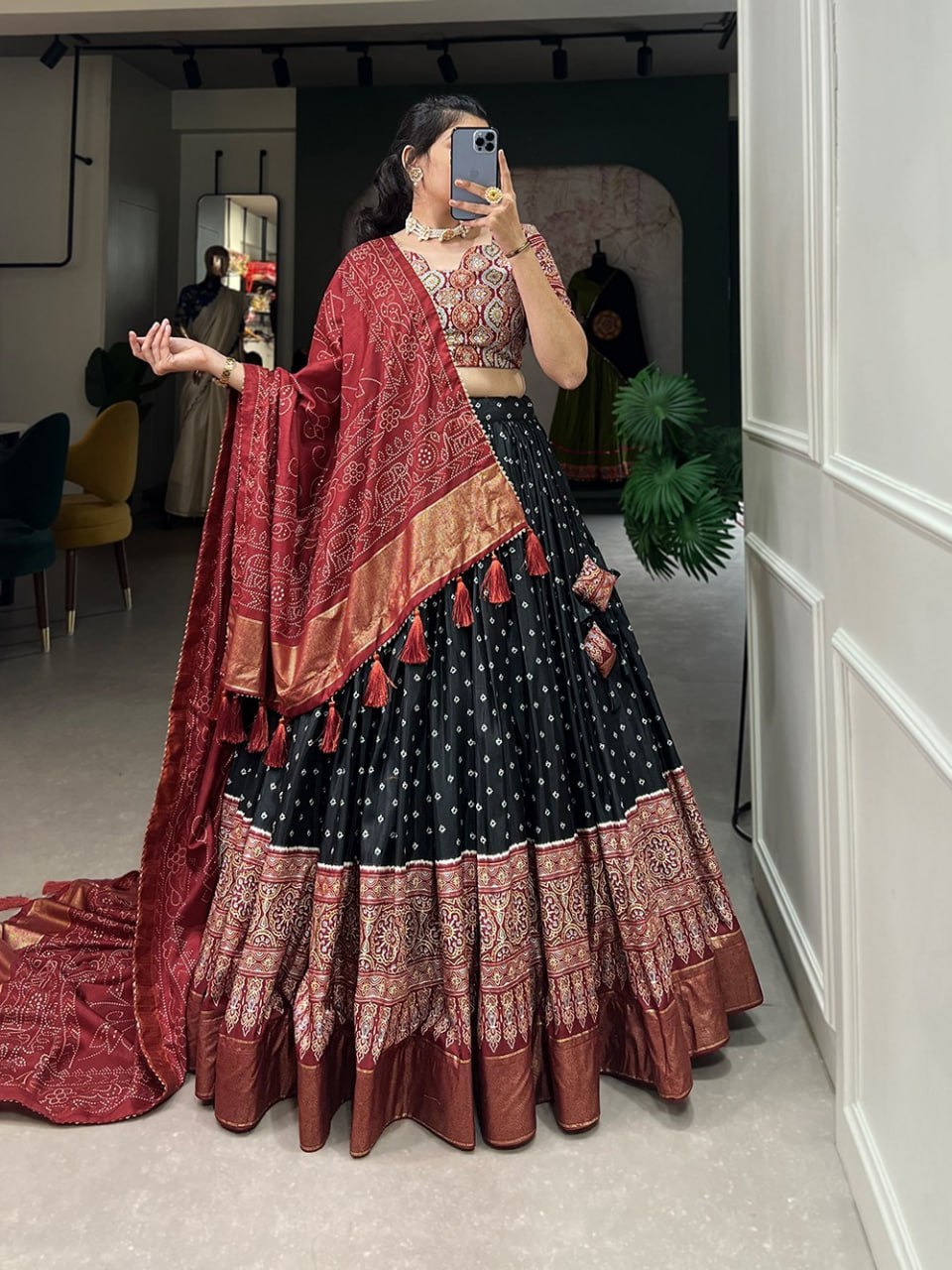 Tussar Silk Chaniya Choli Fancy Mill Print With Real Mirror Work for Traditional Wear