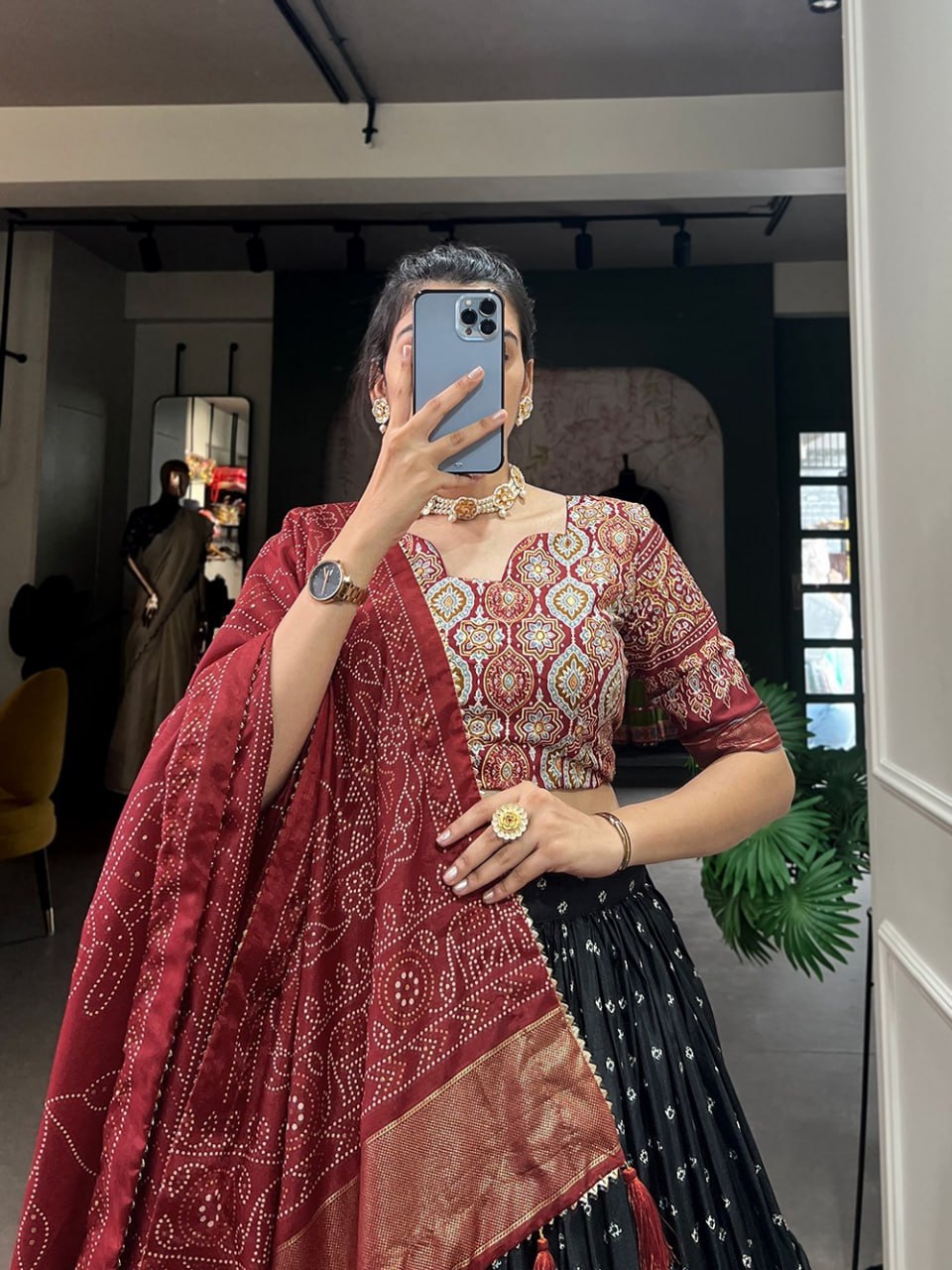 Tussar Silk Chaniya Choli Fancy Mill Print With Real Mirror Work for Traditional Wear