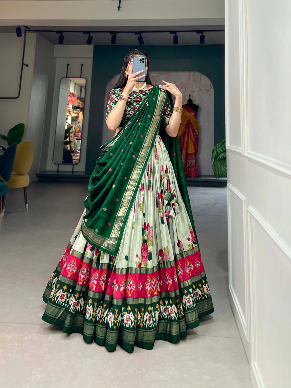 Tussar Silk Chaniya Choli Fancy Mill Print With Real Mirror Work for Traditional Wear