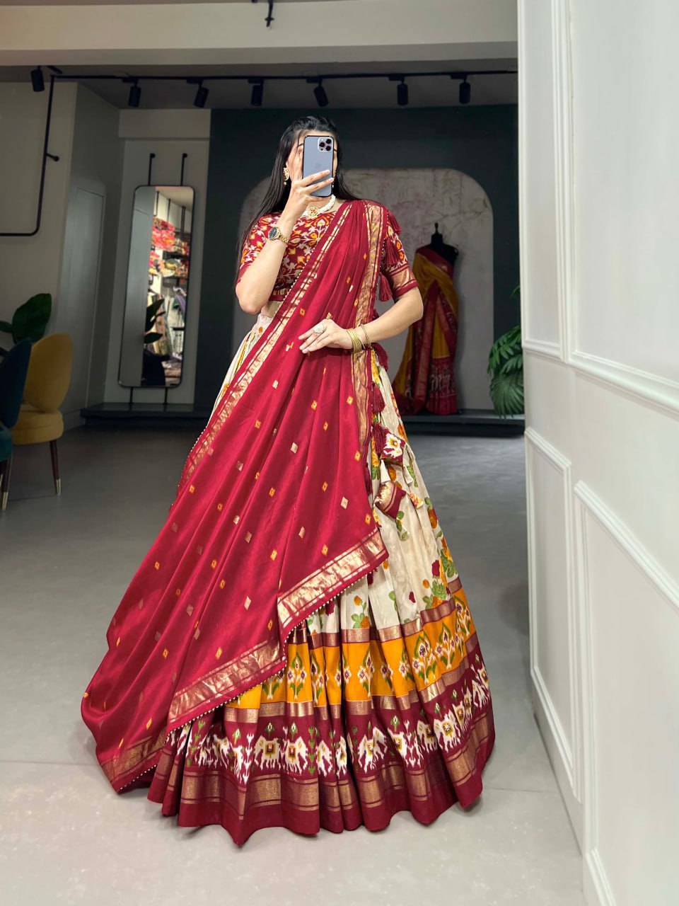 Tussar Silk Chaniya Choli Fancy Mill Print With Real Mirror Work for Traditional Wear