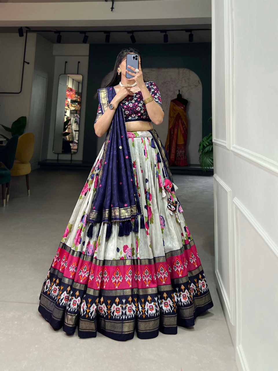 Tussar Silk Chaniya Choli Fancy Mill Print With Real Mirror Work for Traditional Wear