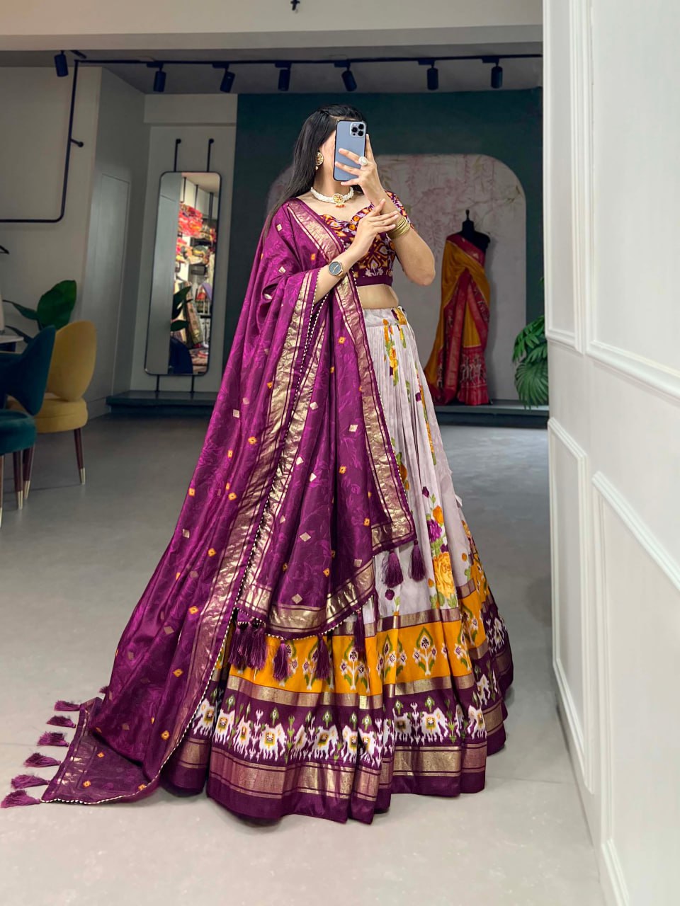 Tussar Silk Chaniya Choli Fancy Mill Print With Real Mirror Work for Traditional Wear