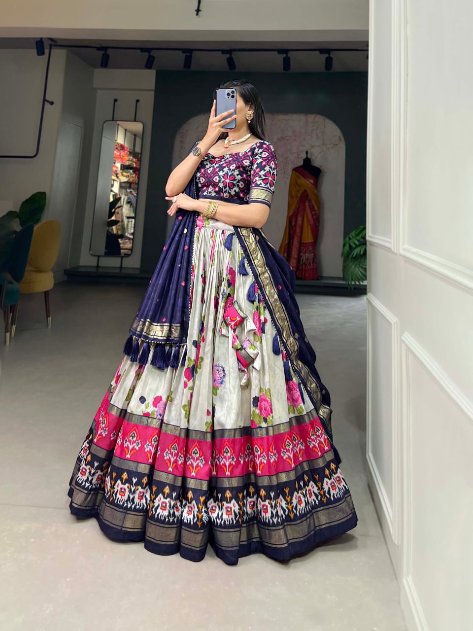 Tussar Silk Chaniya Choli Fancy Mill Print With Real Mirror Work for Traditional Wear