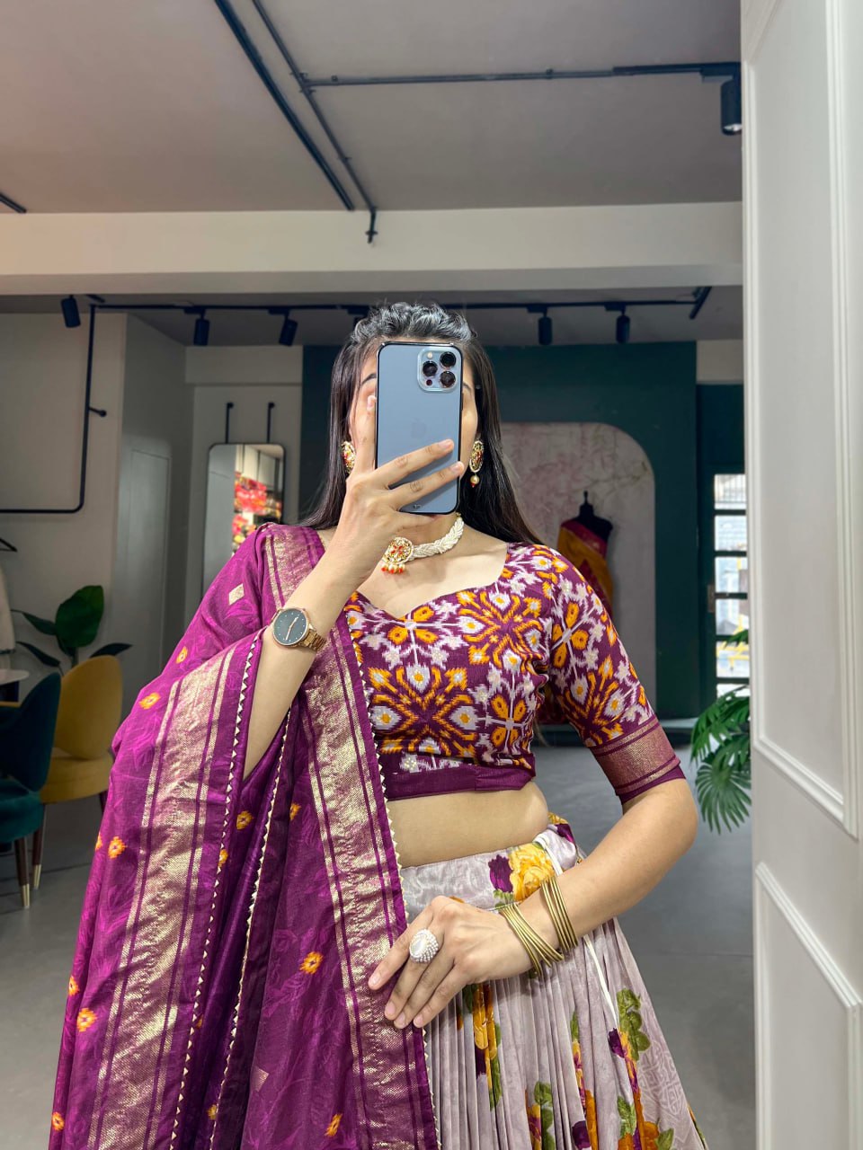 Tussar Silk Chaniya Choli Fancy Mill Print With Real Mirror Work for Traditional Wear