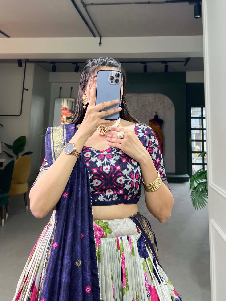 Tussar Silk Chaniya Choli Fancy Mill Print With Real Mirror Work for Traditional Wear