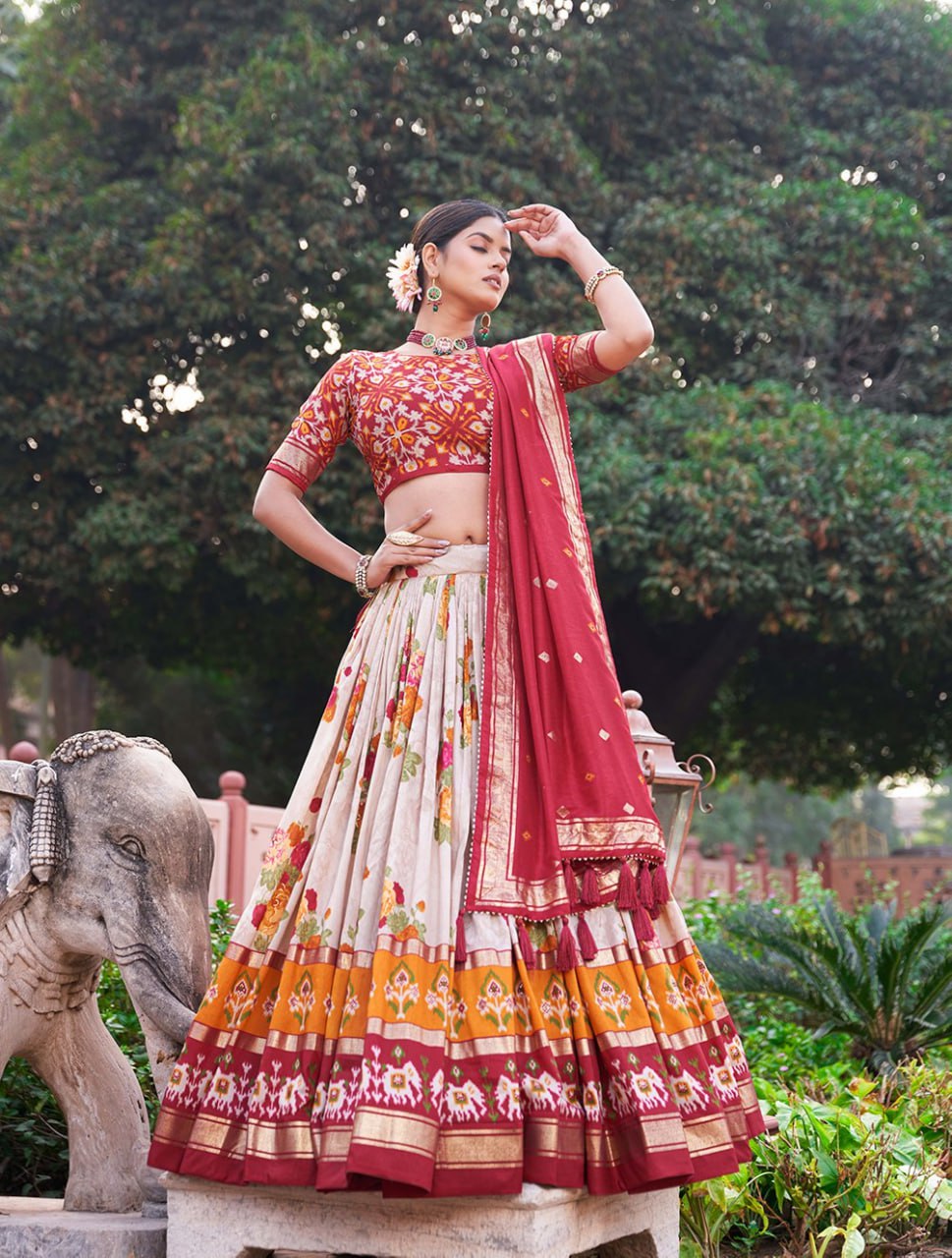 Tussar Silk Chaniya Choli Fancy Mill Print With Real Mirror Work for Traditional Wear