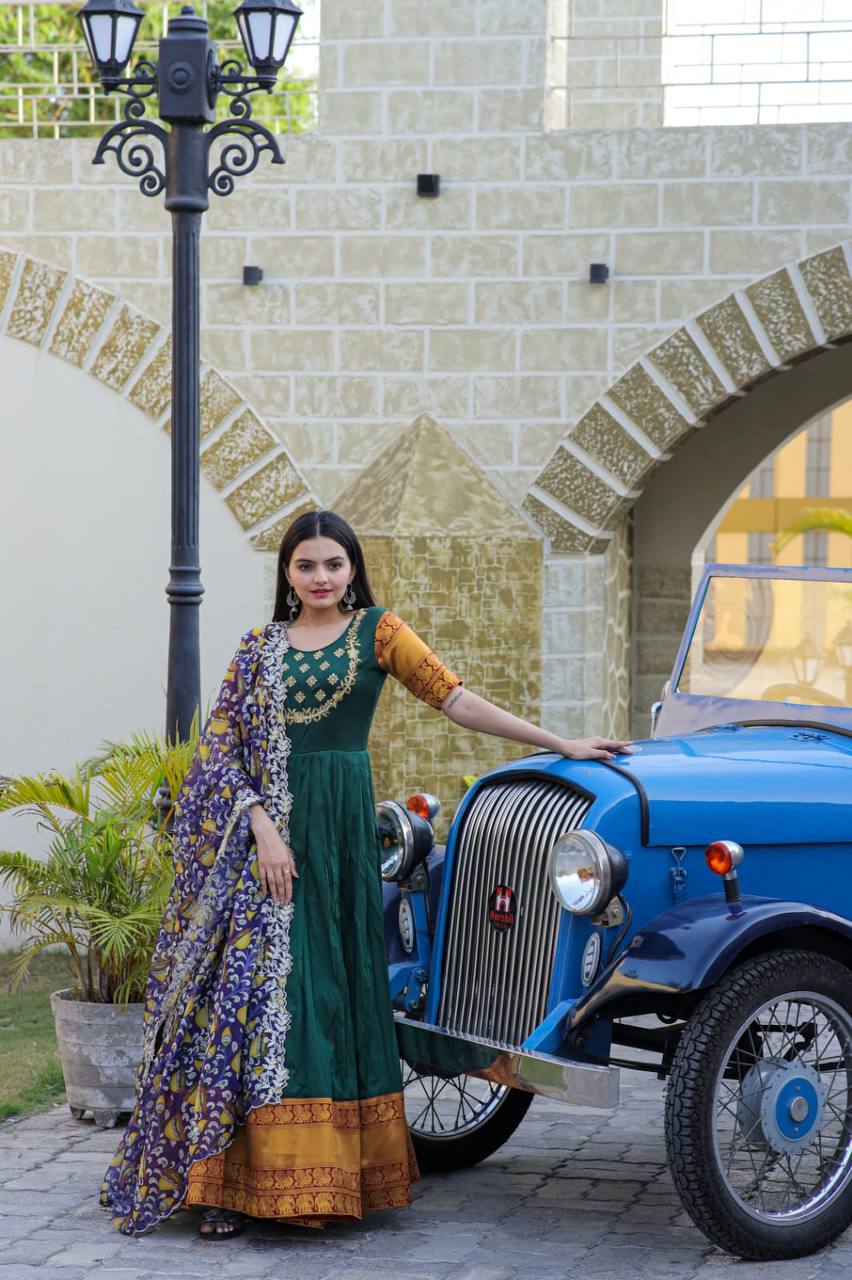Green Embroidered Work Weaving Silk Readymade Gown