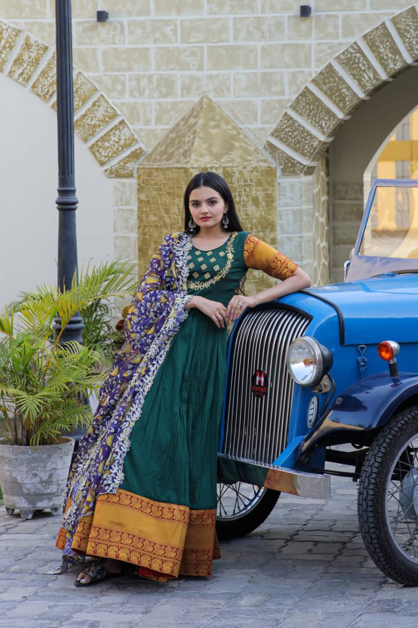 Green Embroidered Work Weaving Silk Readymade Gown