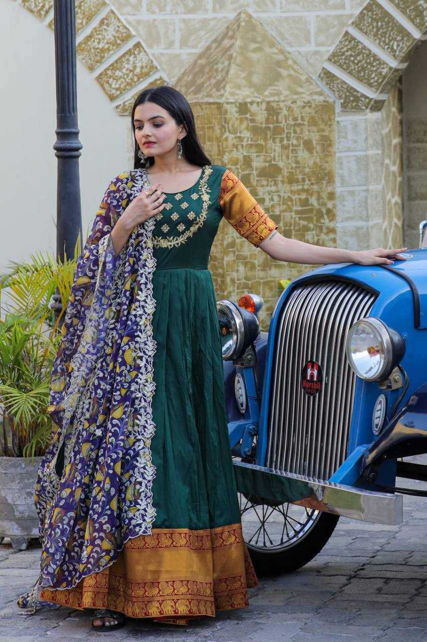 Green Embroidered Work Weaving Silk Readymade Gown