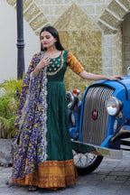 Green Embroidered Work Weaving Silk Readymade Gown
