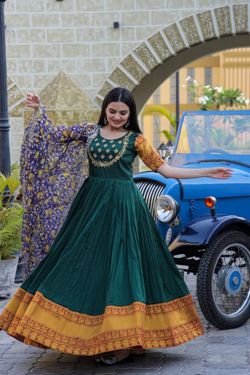 Green Embroidered Work Weaving Silk Readymade Gown