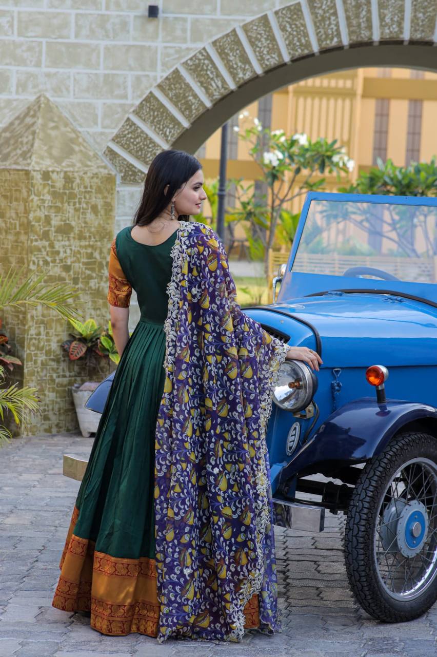 Green Embroidered Work Weaving Silk Readymade Gown