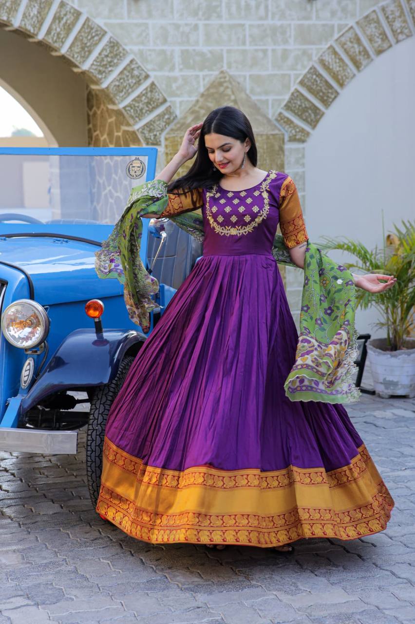 Purpal Embroidered Work Weaving Silk Readymade Gown